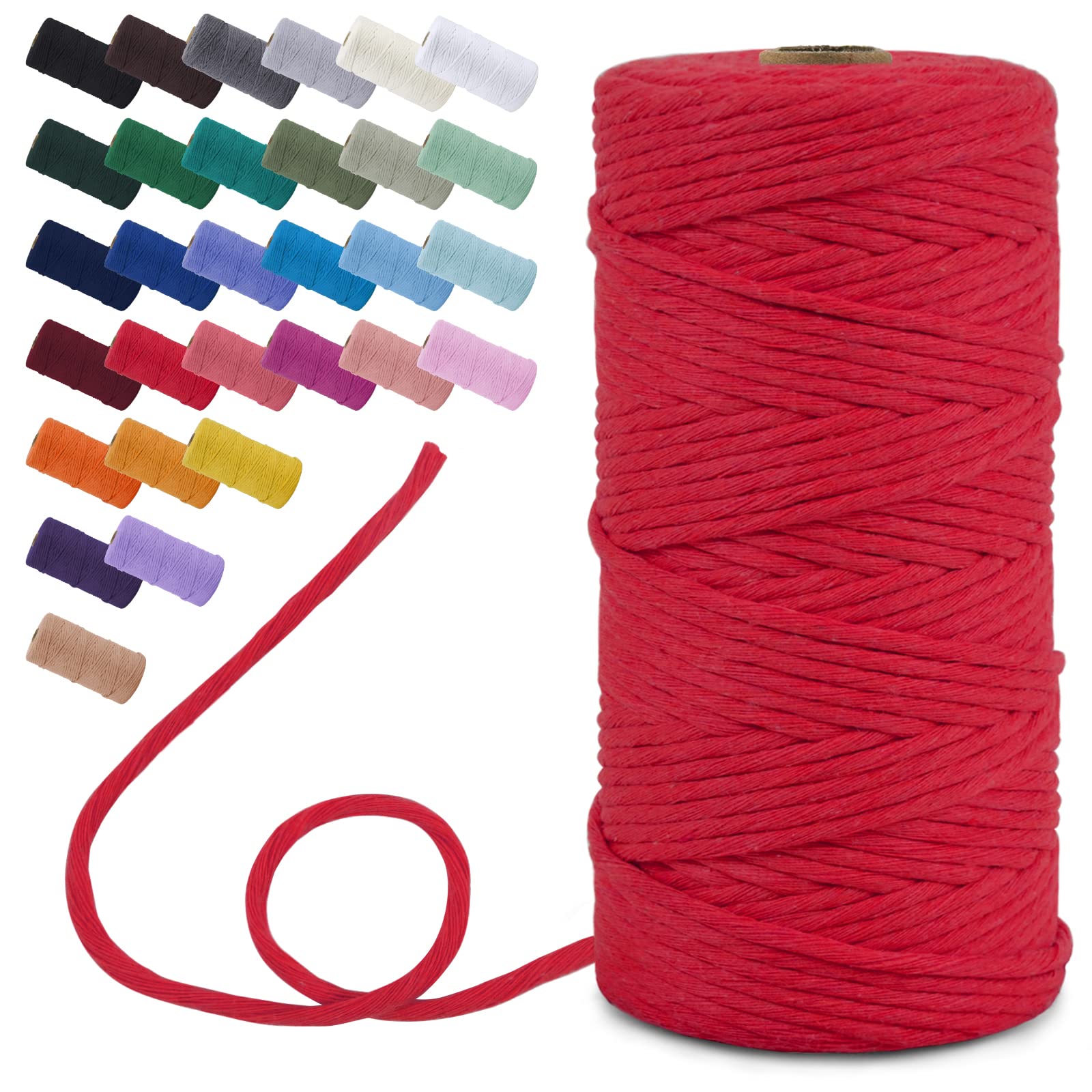 Uiopa Single Strand Macrame Cord 3mm x 100m, Macrame Yarn Thick Thread Natural Cotton Cord, Coloured Craft String for DIY Crafts, Wall Hanging, Plant Hanger, Tassels (Red)