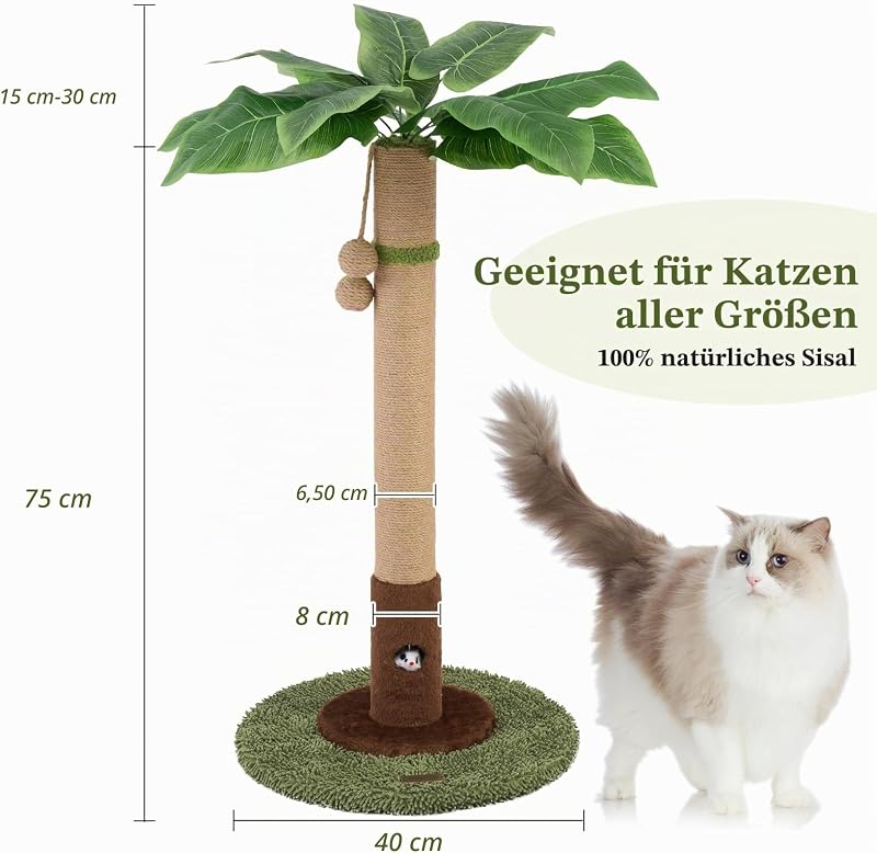 Kratzbaum mit Sisalseil für Indoor-Katzen, Palmen-Kratzbäume, Pflanzenkratzbaum, interaktiver Ball und Maus, Katzenspielzeug für Erwachsene Katzen und Kätzchen, 89 cm hoch, Grün