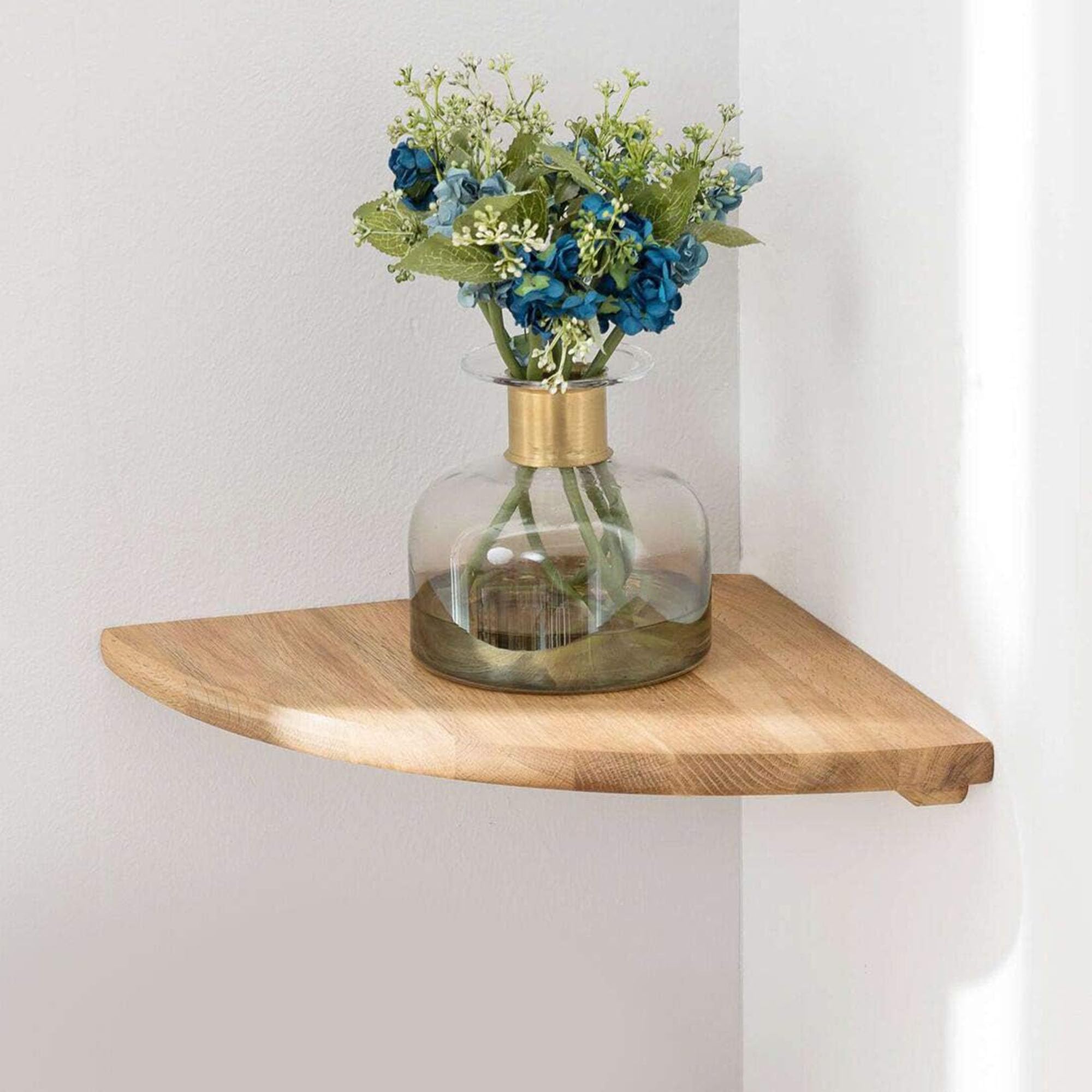 Conamily Corner Shelf, 7inch Solid Oak Wood Floating Corner Shelf Wall Mount Round End Floating Speaker Shelves with Wire Hole for Small Plant Photo Frame for Bedroom Kitchen, Living Room