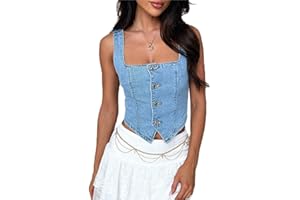 SASTIANAEN Women Denim Crop Vest Y2k Button Down Sleeveless Crop Top Jean Tank Top Slim Backless Corset Top Smocking Vest