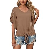 SUEANI Women's Tie Front Blouses V Neck 3/4 Split Sleeve Summer Knot Tops T Shirts