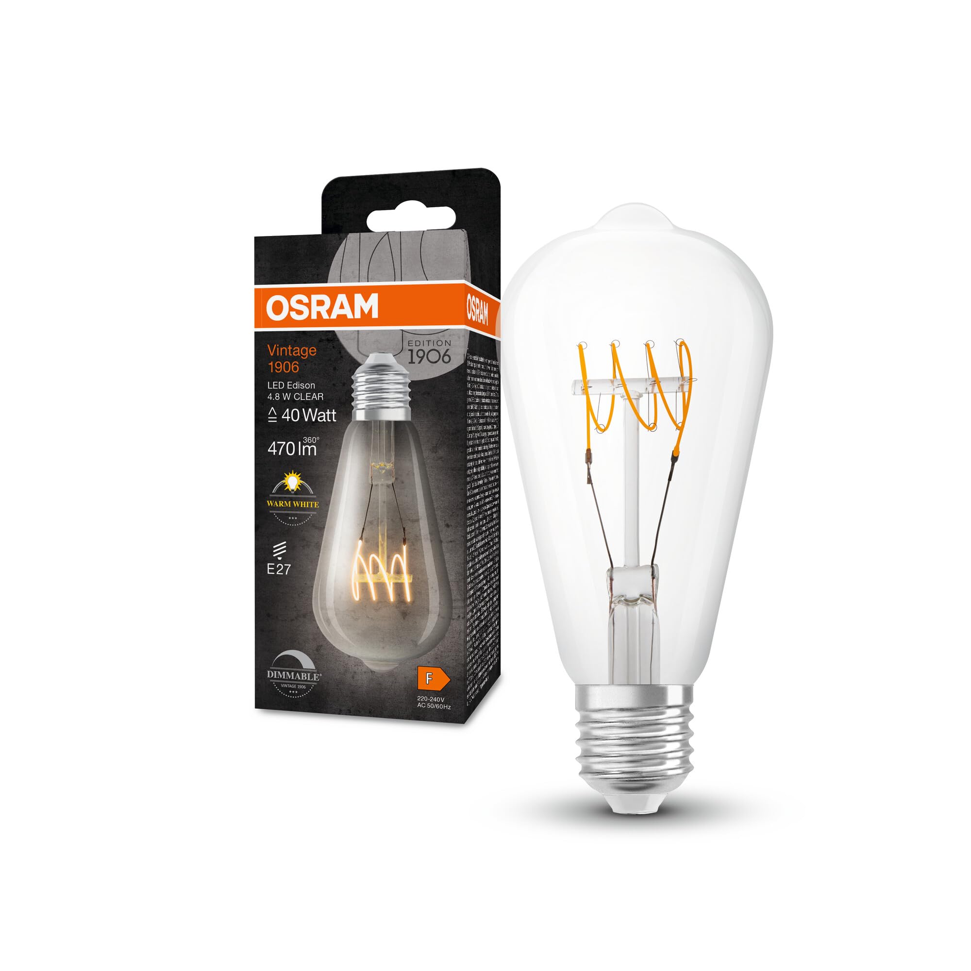 OSRAM Vintage 1906 Classic Edison Fil Led Lamp, E27, Clear, 4.8W, 470Lm, 2700K, Warm White Light, Dimmable, Ultra-Slim Filament, Very Low Energy Consumption, Long Life