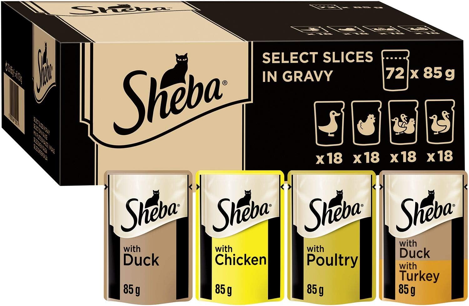 Sheba Select Slices in Gravy - Poultry Selection - Wet cat food pouches for adult cats - 72 x 85g pack, 6.12 kg (Pack of 1)