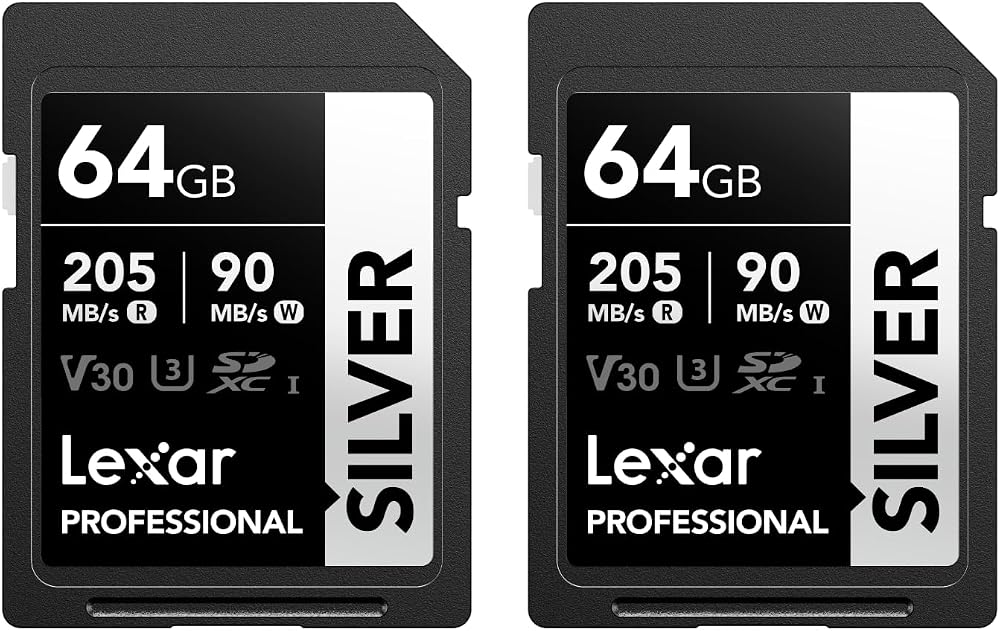 Lexar Professional SILVER 64GB SD Card 2-Pack UHS-I U3 V30 205MB/s Read 90MB/s