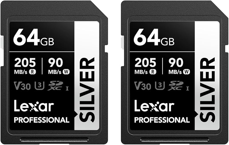 Lexar Professional SILVER 64GB SD Card 2-Pack UHS-I U3 V30 205MB/s Read 90MB/s