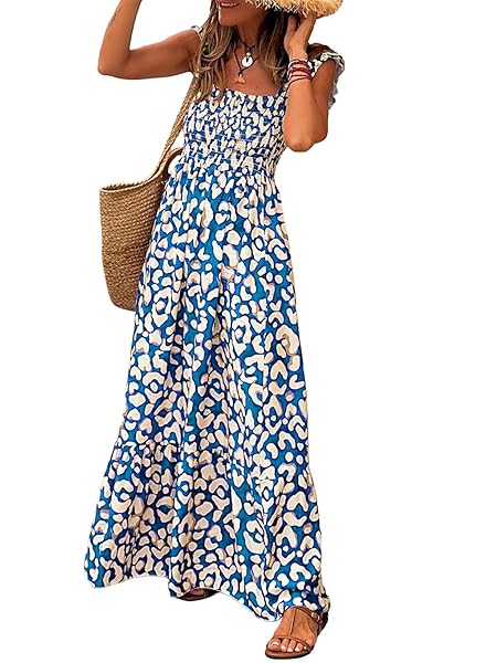 LOLONG WOMEN’S SUMMER BOHO SPAGHETTI STRAP SQUARE NECK RUFFLE SLEEVELESS PRINT CASUAL FLOWY LONG DRESS BEACH PARTY MAXI SMOCKED DRESS TRENDY