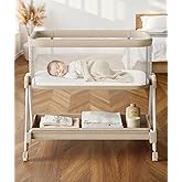 Fodoss Baby Bassinets Bedside Sleeper - Bed Side Bassinet Newborn with Wheels, Storage Tray, 4-Sided Mesh, 7 Height Adjustable, Beige