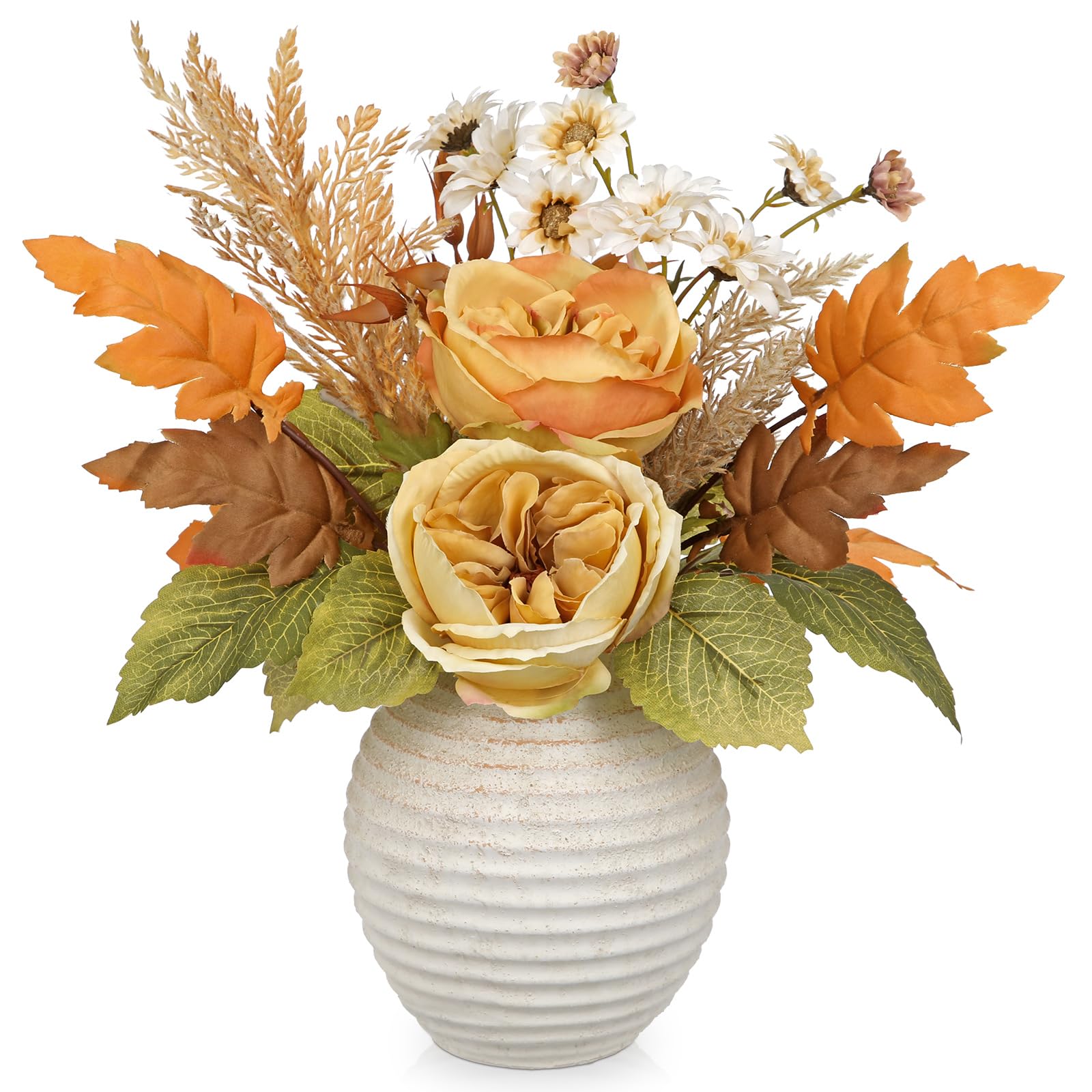 Photo 1 of Artificial Fall Floral Centerpiece with Vase, Fake Flowers for Autumn Table Decorations, Silk Rose & Maple Leaves Arrangement, Rustic Cement Vase Harvest Decor for Dining Table, Kitchen, Living Room