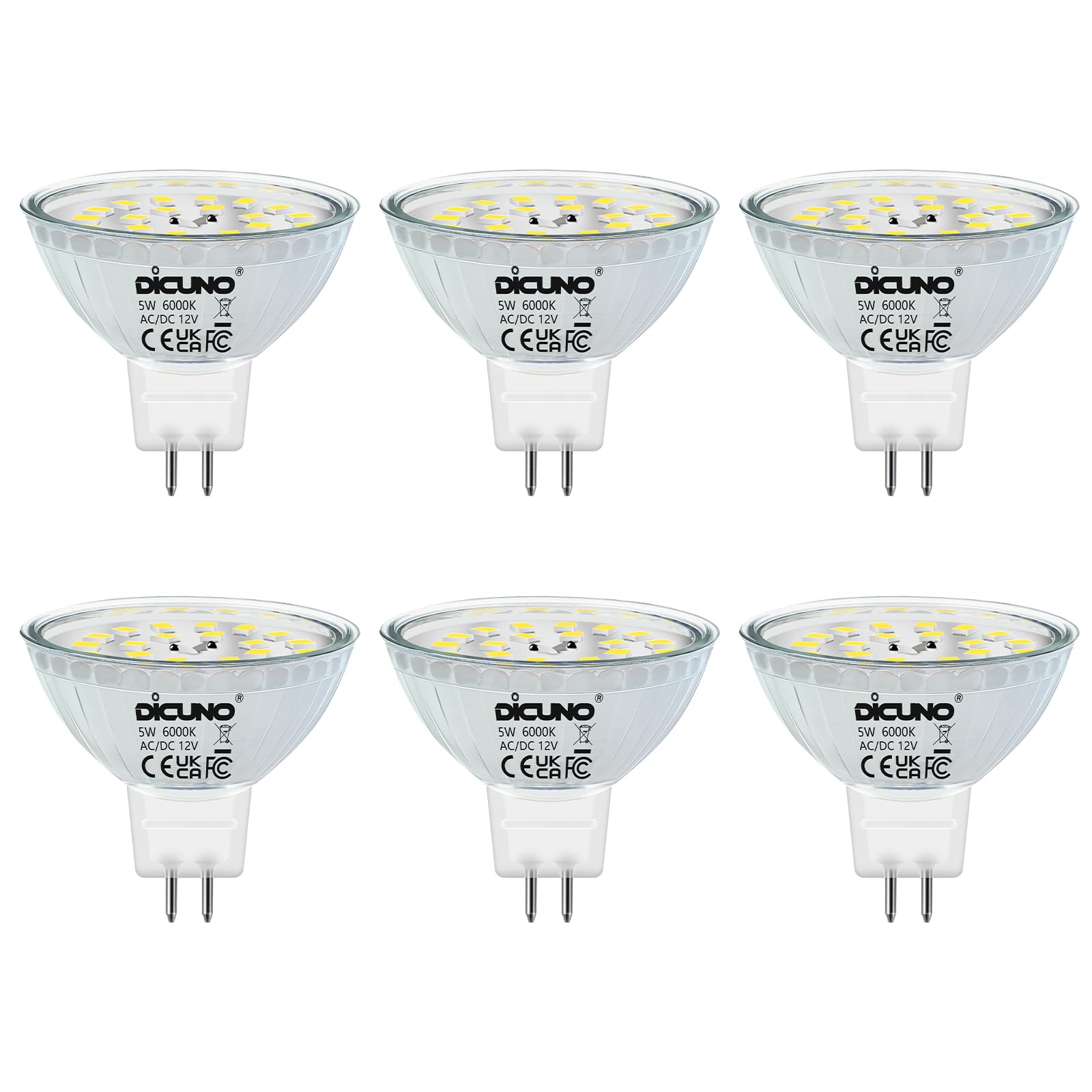 DiCUNO GU5.3 MR16 5W LED Bulb, GU 5.3 Non-Dimmable Spotlight, 50W Halogen Equivalent, 500LM, Cool White 6000K, AC/DC 12V, 120° Beam Angle, 6 Packs