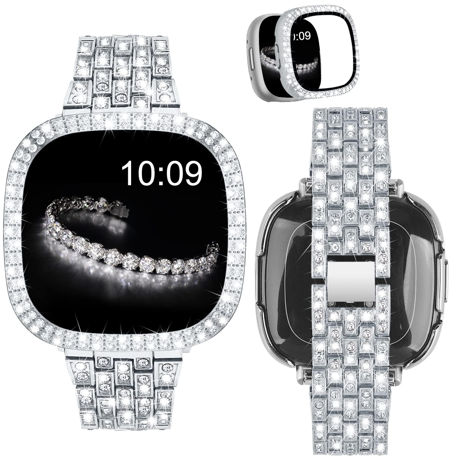 VISOOM Diamond Strap Compatible with Fitbit Versa 3 / Sense Straps for Women, Cute Bling Bracelets Metal Watch Band and Rhinestone Protective Case for Fitbit Watch - Silver — image 1