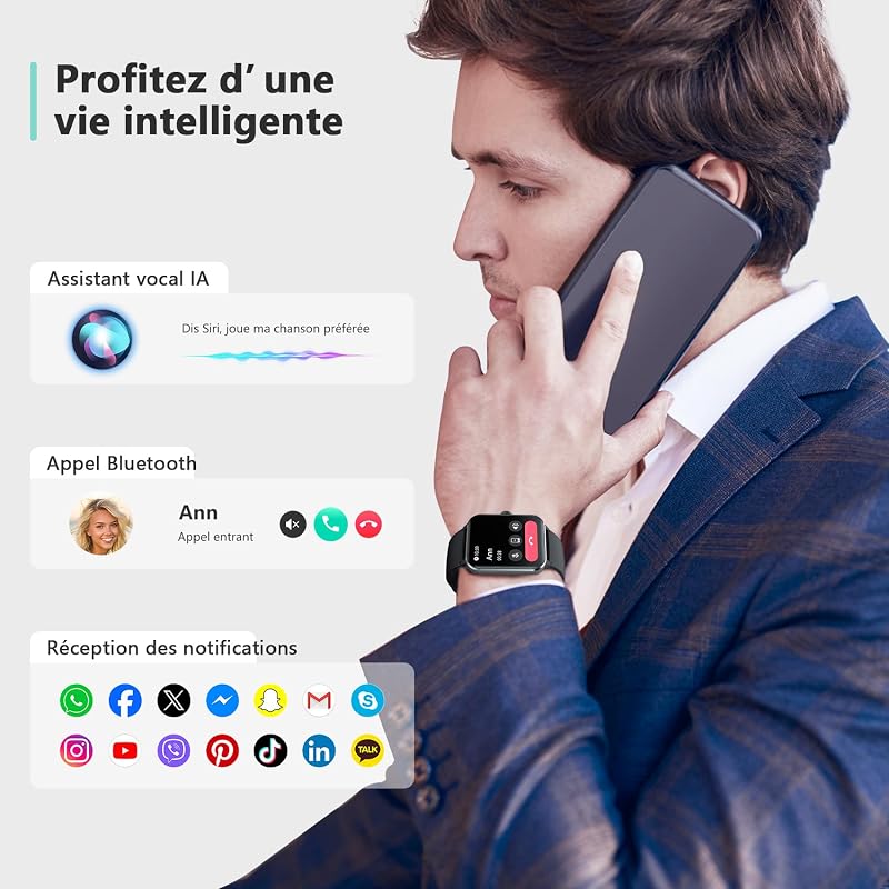 Montre Connectée Homme Femme, Appel Bluetooth, 1,85" HD, Noir