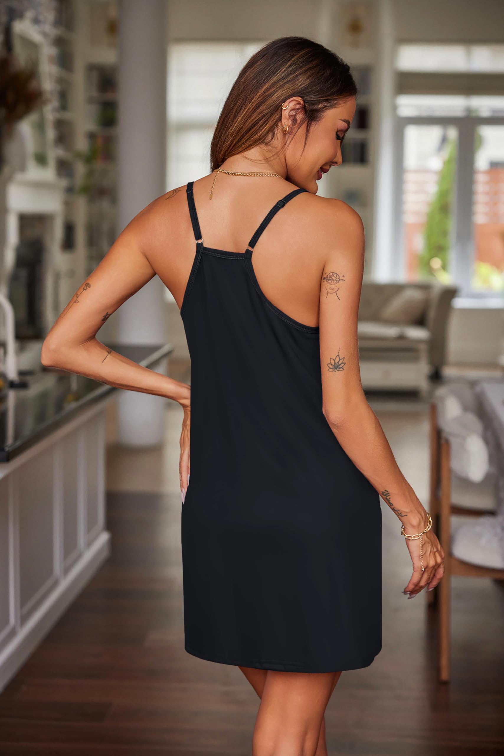 Ekouaer Nighty for Women Sleeveless Nightgown Patch Pockets Night Dress Full Silp Pajama Dress Lounge Dress with Pockets Black，S