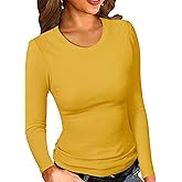 PALINDA Womne's Ribbed Round Neck Slim Fitted T Shirts Basic Solid Long Sleeve Layering Tee Tops