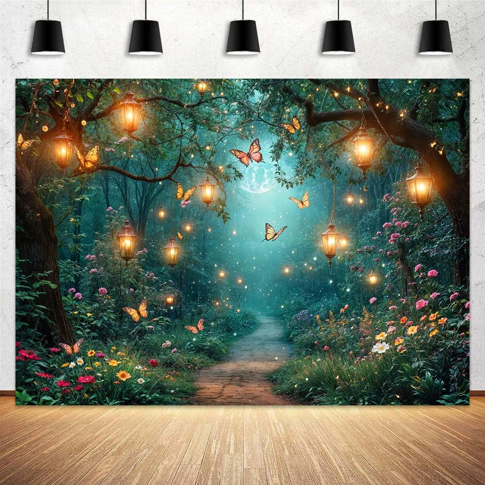 Photo 1 of 10 x 8 ft Enchanted Forest Backdrop Spring Fairy Magic Nature Woodland Green Backdrop for Birthday Party Decoration Baby Shower Photo Shoot Background