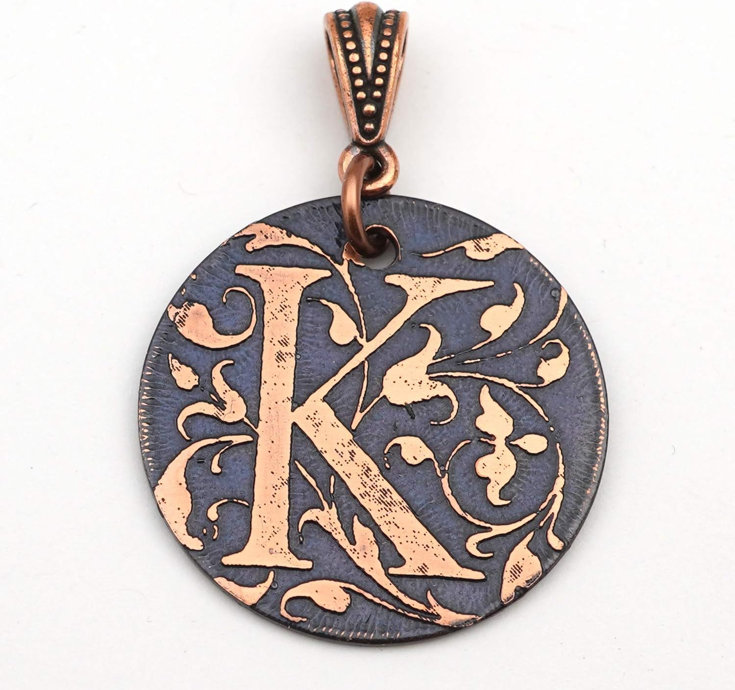 Round flat etched copper letter K pendant 28mm
