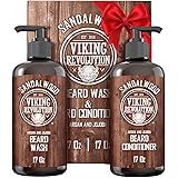 Beard Wash & Beard Conditioner Set w/Argan & Jojoba Oils - Softens & Strengthens - Natural Sandalwood Scent - Beard Shampoo w