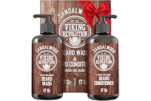 Viking Revolution Beard Wash & Beard Conditioner Set with Argan & Jojoba Oils - Softens and Strengthens - Natural Sandalwood Scent - Beard Shampoo with Beard Oil (17 oz)