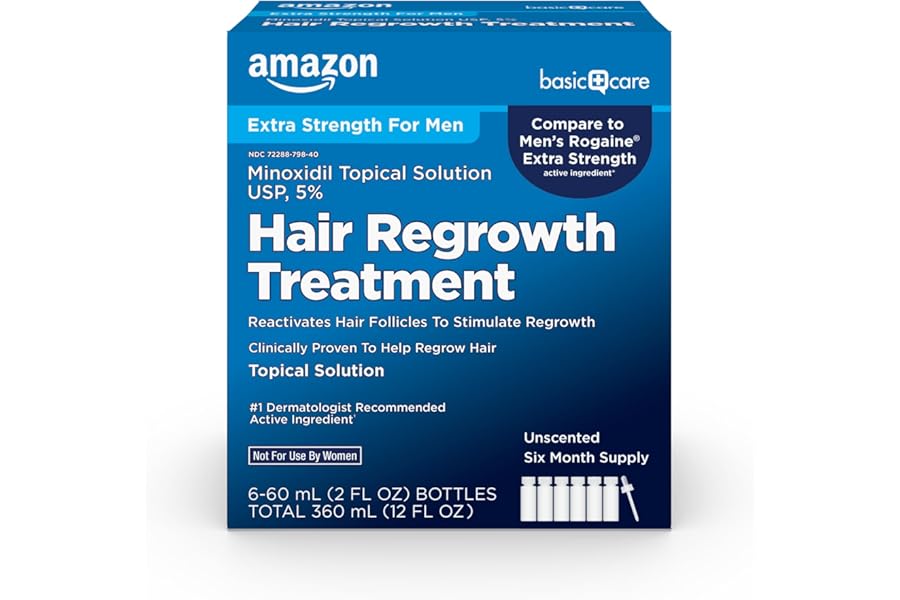 Amazon Basic Care Minoxidil Topical Solution USP, 5 Percent, Hair Regrowth Treatment for Men, Extra Strength, 12 Fluid Ounces