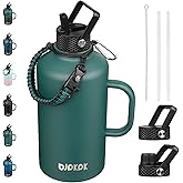 BJPKPK 2/3 Gallon Water Bottle Insulated with Straw Lid, 87oz Large, Stainless Steel Water Bottles with 3 Lids and Paracord Strap, Double Wall Vacuum Metal Water Jug, Army Green