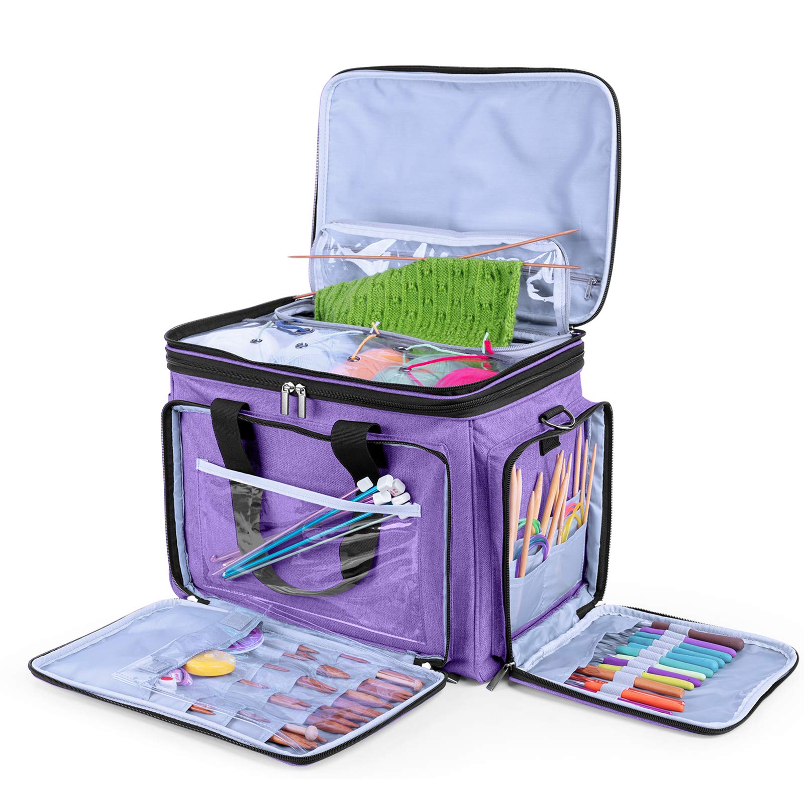 Luxja Knitting Bag, Yarn Bag with Cover, Yarn Storage Organiser for Carrying Projects, Knitting Needles (up to 14”), Crochet Hooks and Other Accessories (NO Accessories Include), Purple