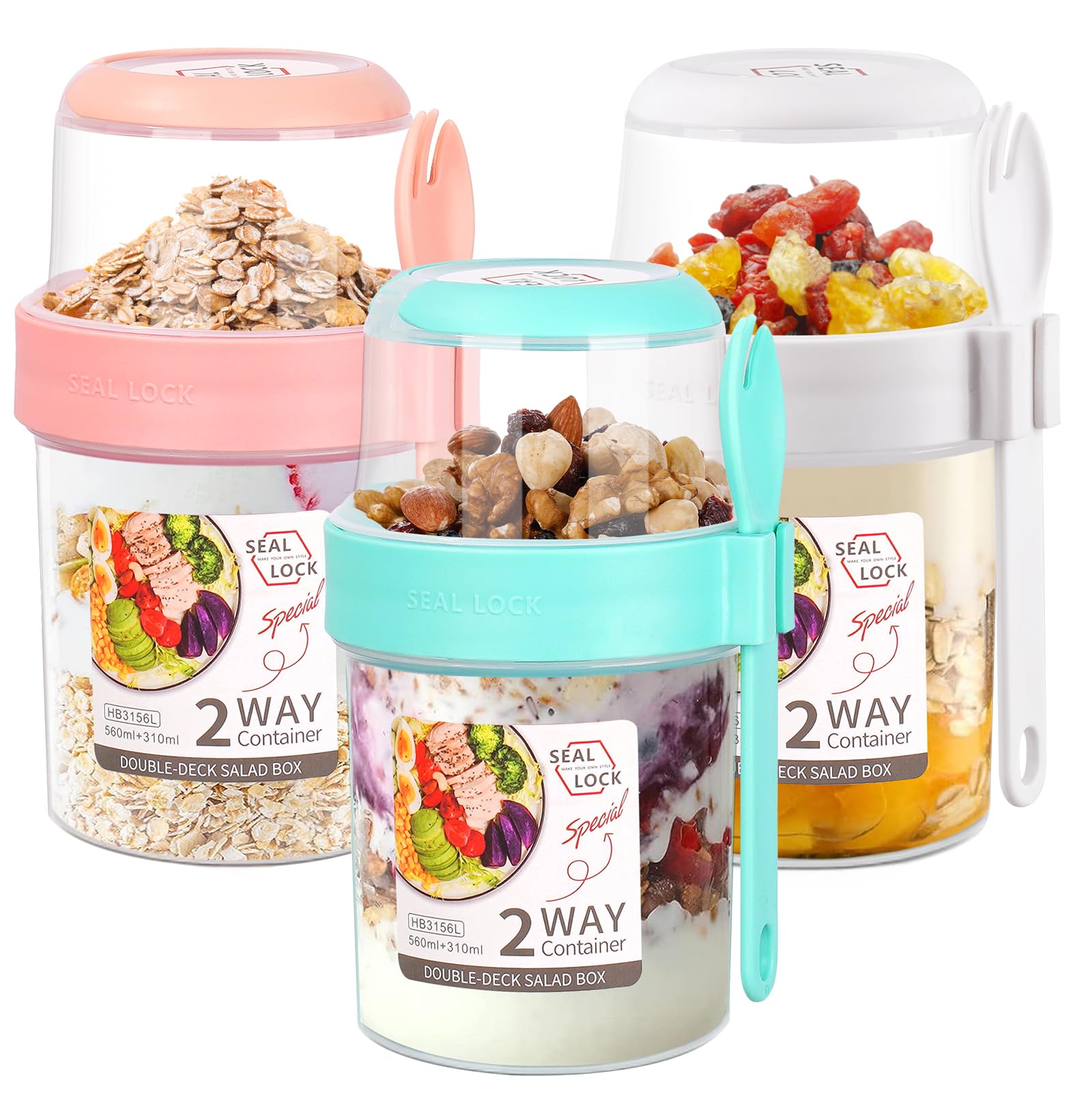 3 PCS 2-Tier Breakfast Cups, 310ml+560ml Yogurt Pots with Lids and Spoon, Reusable Overnight Oats Container, Breakfast Pot To Go Muesli Fruit Salad Jars Split Oat Yogurt Cup Dishwasher Safe