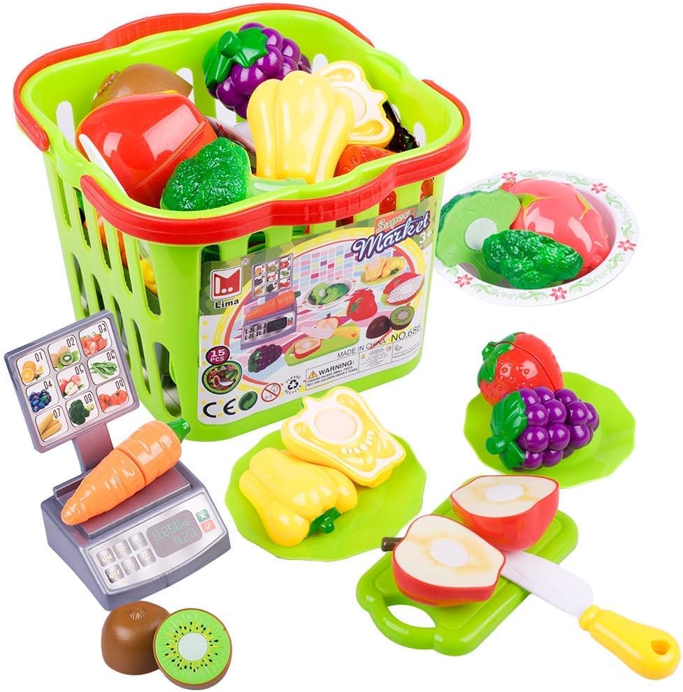 Jopee Little Shopper! Play Food toys Vegetable and Fruit Basket Toys Kitchen Cutting Selling Home Pretent Learning with Food and Money Little Seller, toys for 4+ years old girls&boys