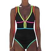 popvil Women One Piece Swimsuit 2026 Tummy Control Sexy Cutout Neon Color Block Bathing Suit Slimming Adjustable Swimwear