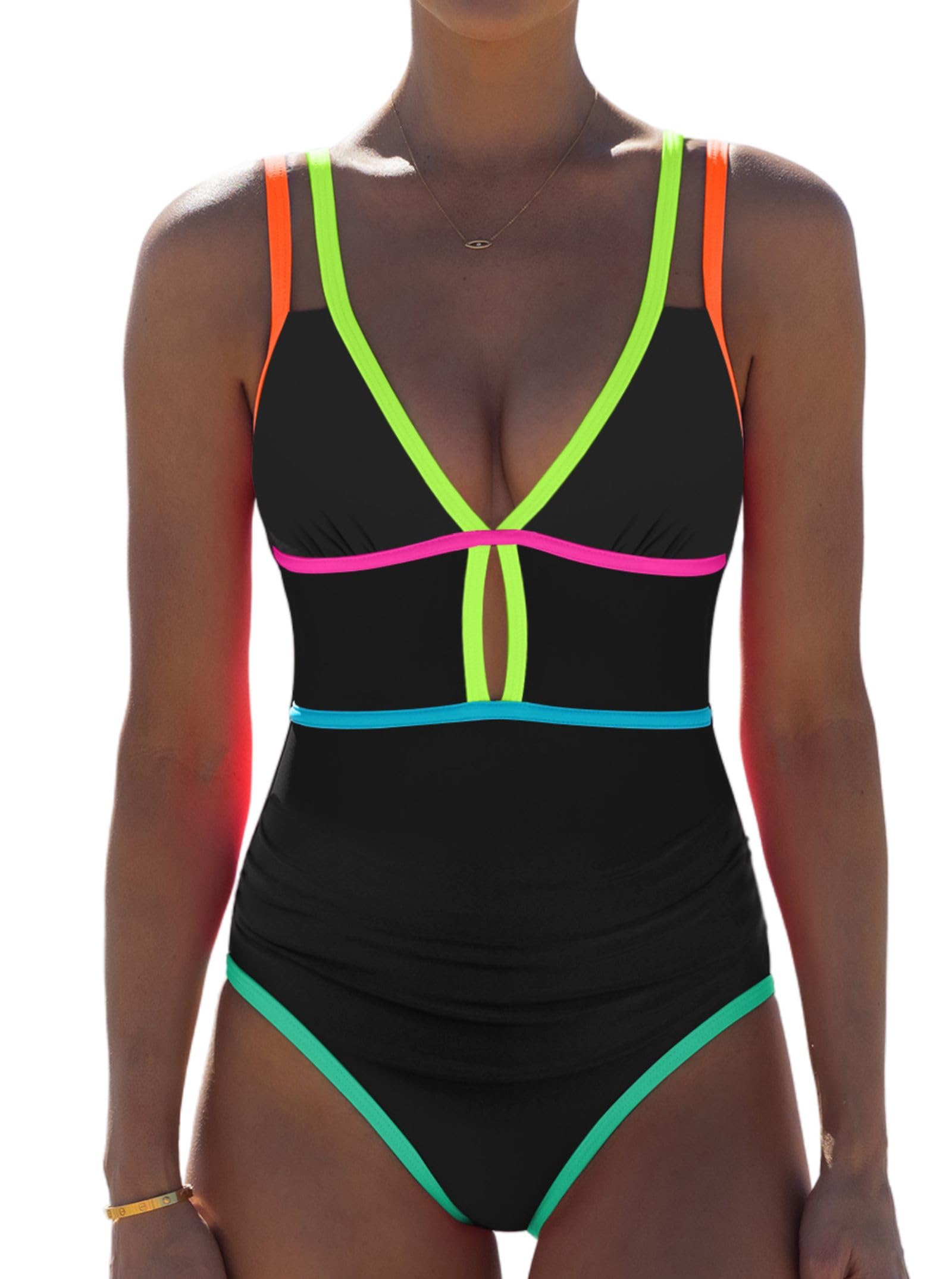 Photo 1 of (MEDIUM) (USED/FAIR) popvil Women One Piece Swimsuit 2025 Tummy Control Sexy Cutout Neon Color Block Bathing Suit Deep V Neck Adjustable Swimwear, Black Medium