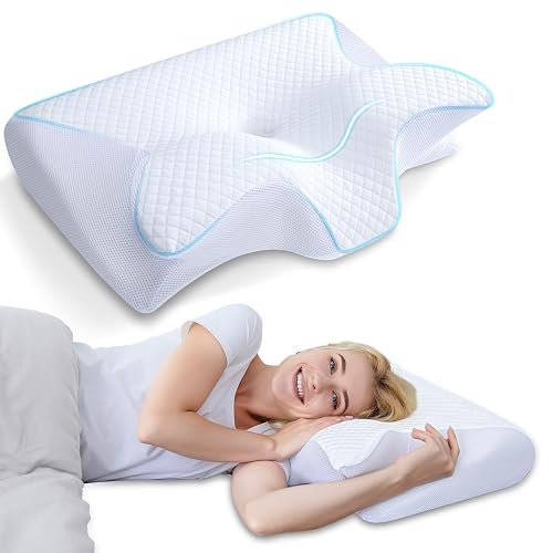 HOMCA Memory Foam Pillow, 2 in 1 Cervical Pillow for Neck Pain Relief, Ergonomic Neck Support Pillows for Side Back Stomach Sleepers with Breathable Pillowcase(White)