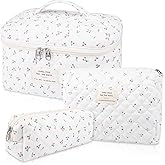 Gosect Large Makeup Bag Set, Quilted Makeup Bag, Floral Cosmetic Bag for Women, Cute Cotton Makeup Bags, Flower Travel Toiletry Organizer Bag (white)