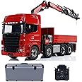 wheelfun 1/14 8X8 Hydraulic RC Crane Tractor Truck Electric Car Quick Attached Bucket 3-Speed Transmission Differential Lock Axles Light Sound System Hobby Grade Model(Red and Black)