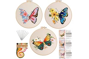 GLTAYLMY 3 Pack Embroidery Kits with Butterfly Pattern for Beginner Adults,Cross Stitch Kits with 1 Plastic Embroidery Hoops,Needles and Color Threads,Needlepoint Kit for Adults