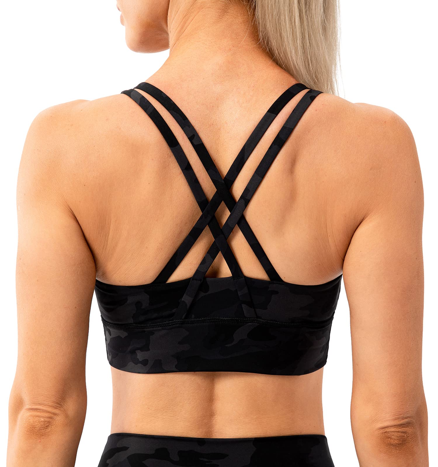 Photo 1 of Lavento Women's Strappy Sports Bra Medium Support Workout Training Top (Black Camo, Small)