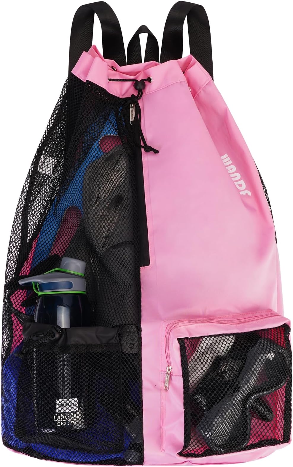 WANDF Swim Bag Mesh Drawstring Backpack XL Pink Wet Pocket Waterproof Zipper