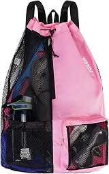 WANDF Swim Bag Mesh Drawstring Backpack XL Pink Wet Pocket Waterproof Zipper