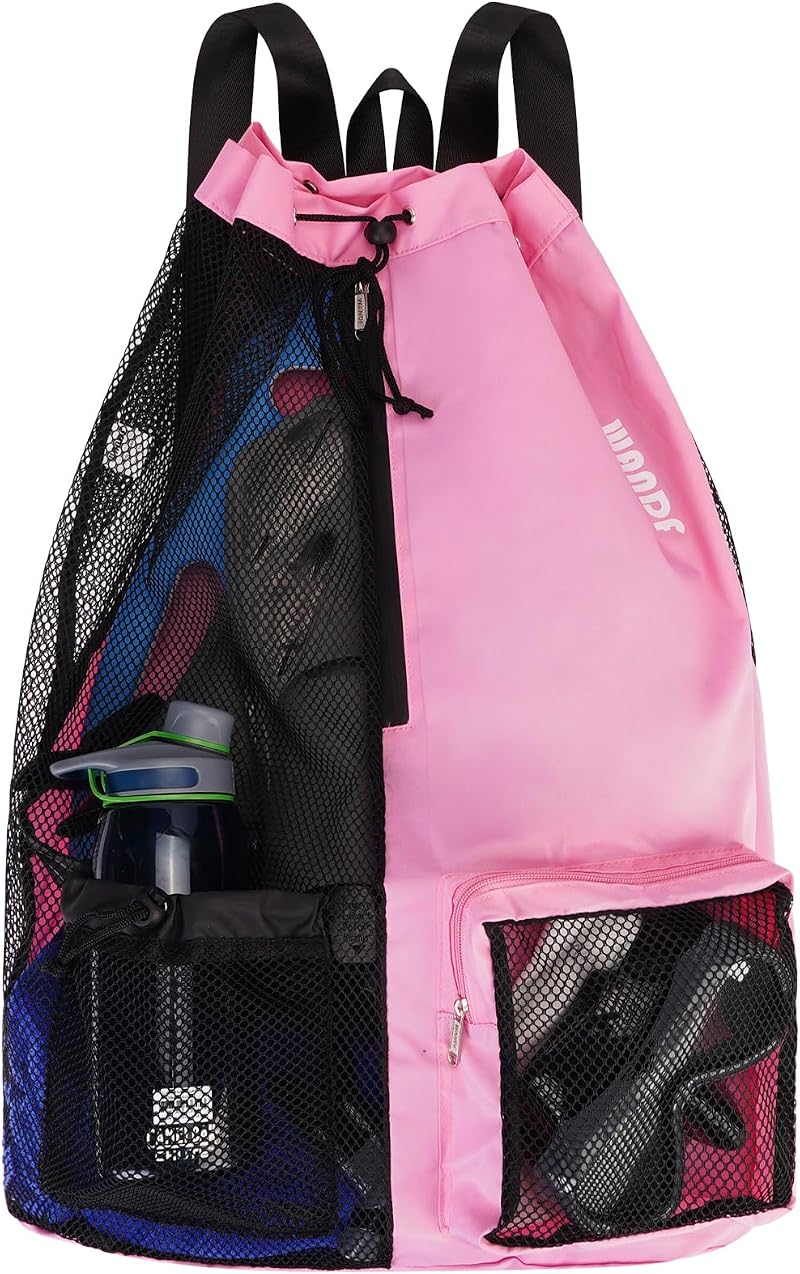WANDF Swim Bag Mesh Drawstring Backpack XL Pink Wet Pocket Waterproof Zipper