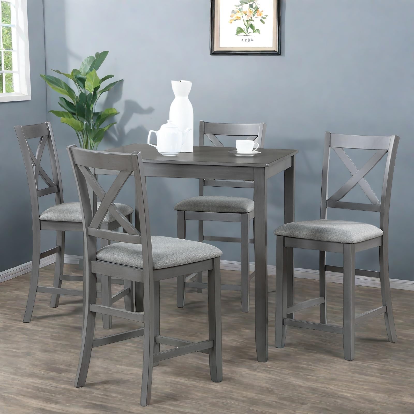 Photo 1 of **INCOMPLETE SET** Trygoal Dining Table Set for 4, Modern 5 Piece Dining Room Table Set with Square Table & 4 X-Shaped Backrest Upholstered Chairs, Counter Height Kitchen Chairs Set for Small Space, Gray