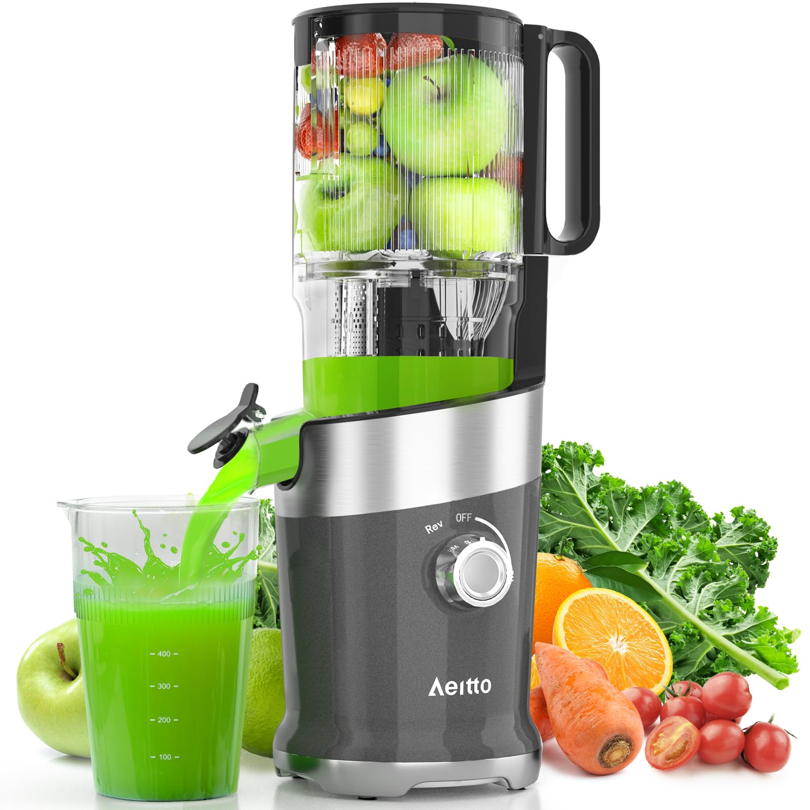 Photo 1 of Aeitto Cold Press Juicer with 4.9" Large Feed Chute, Fits Whole Vegetables and Fruits, Professional Juice Maker,Grey