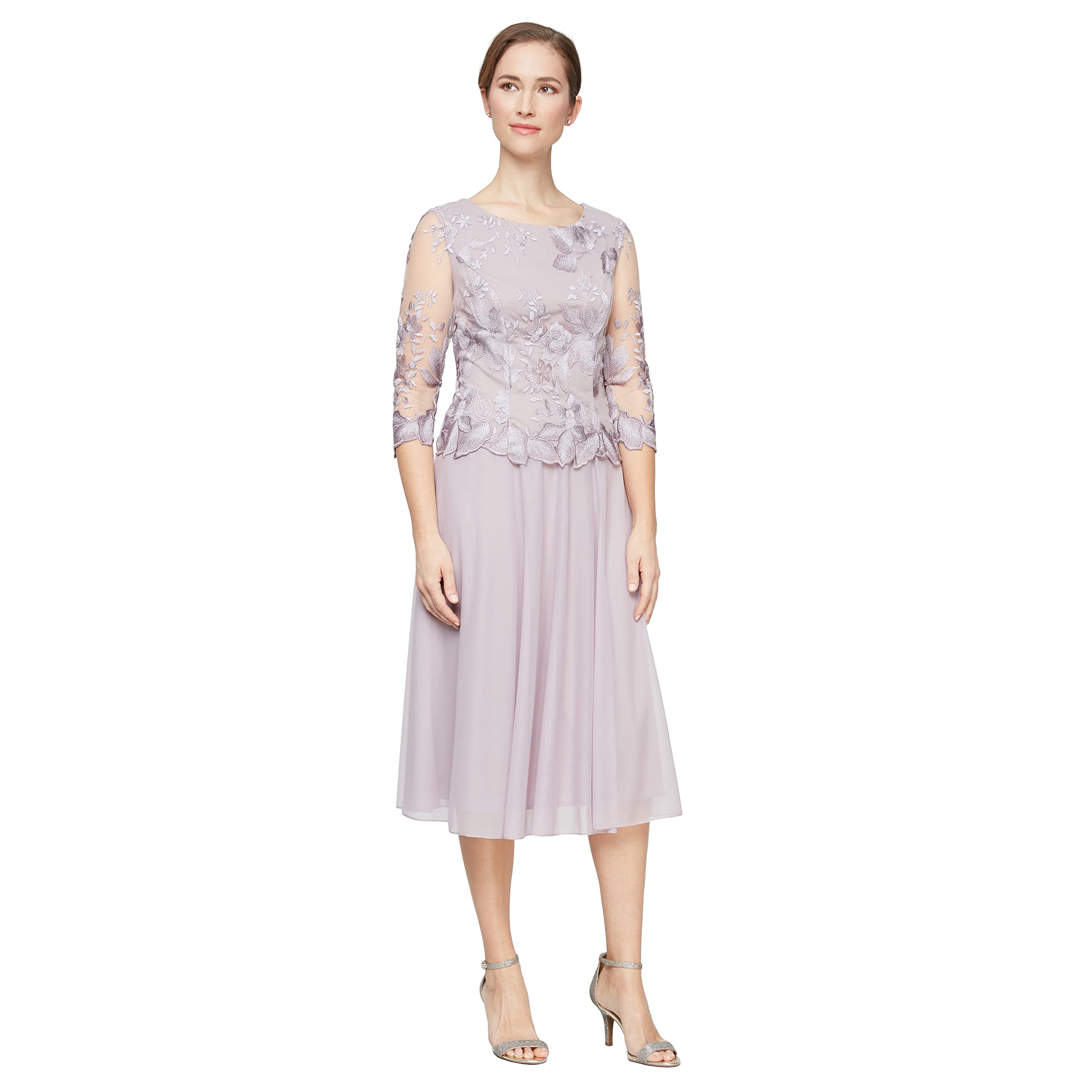 Alex Evenings Women’s Tea Length Embroidered Bodice Mock Dress (Reg and Petite), Smokey Orchid, 8