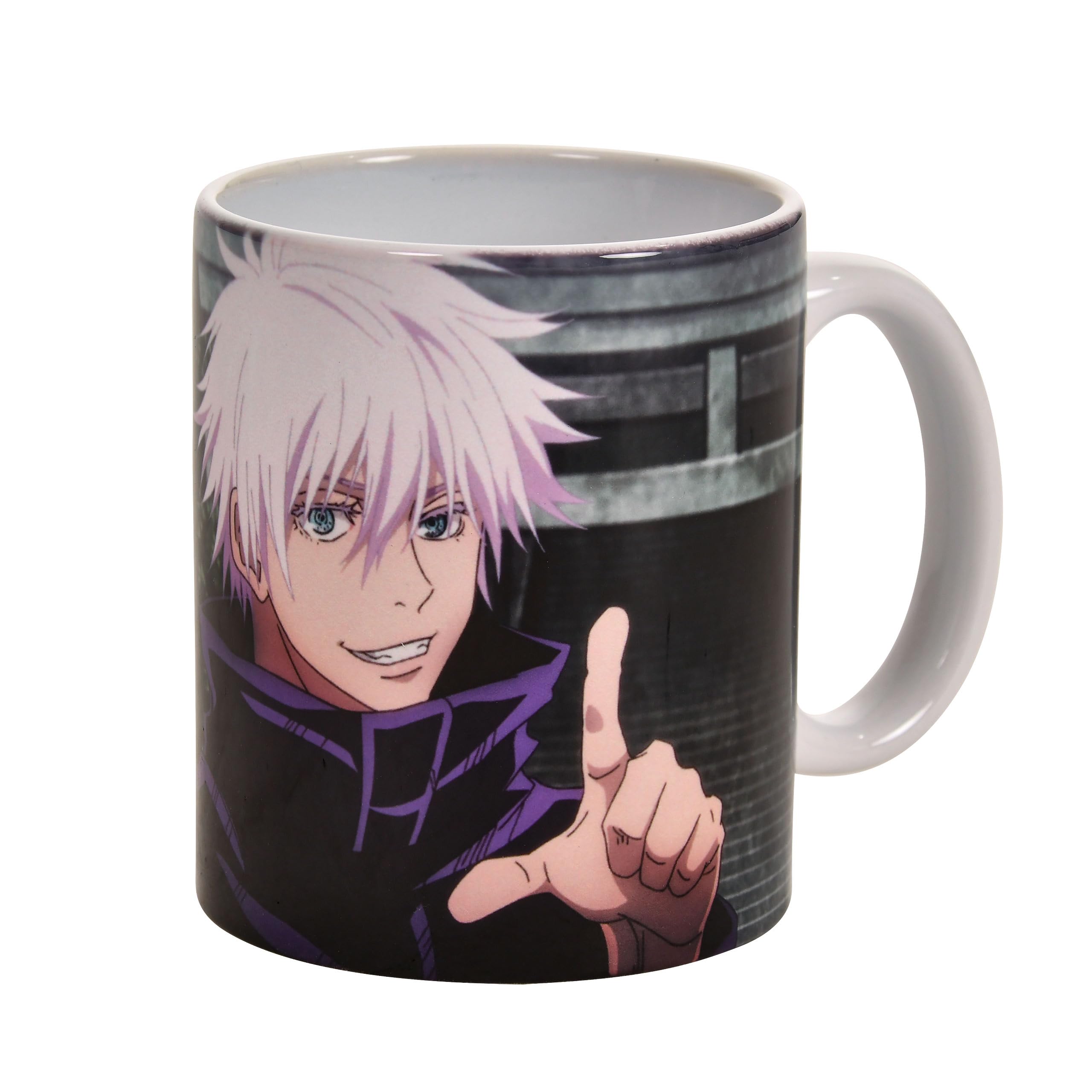 Elbenwald Coffee Mug with Satoru Gojo and Logo All-Around Print - for Jujutsu Kaisen-Fans - Capacity 320 Ml Height 9 Cm - Coffee Mug for Anime Fans - Ceramic - Multicolored