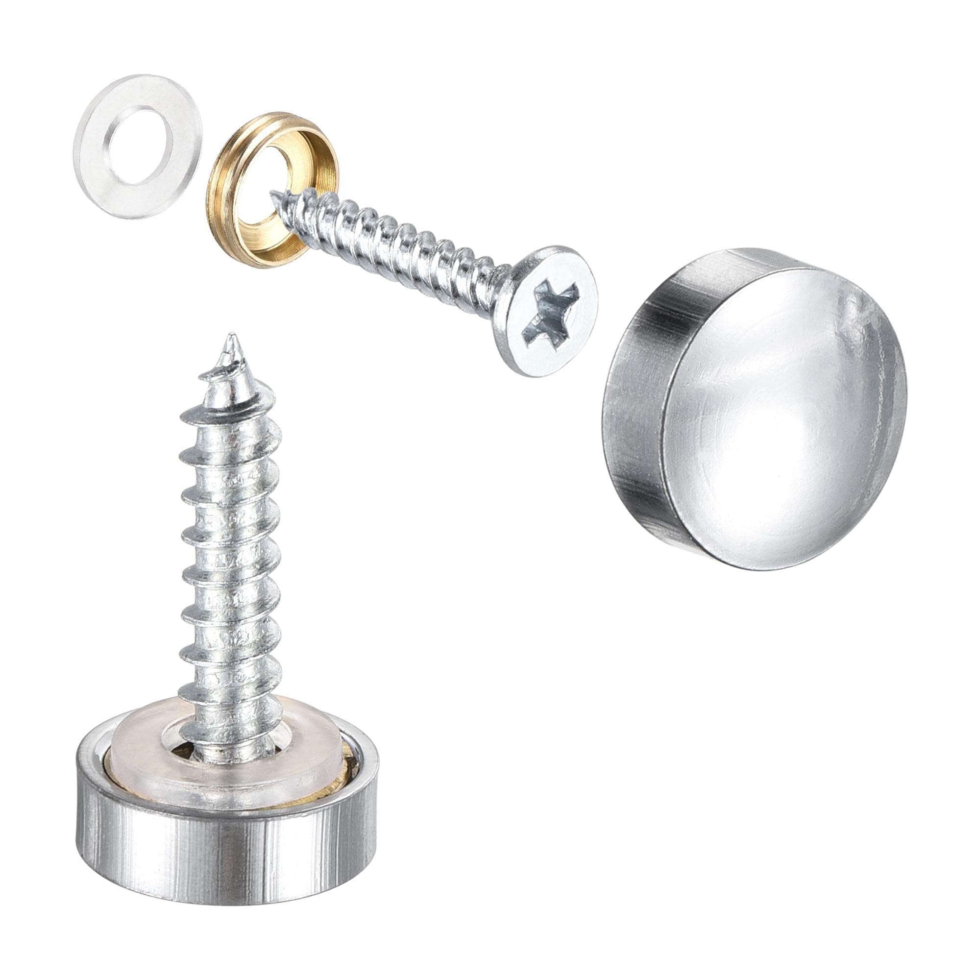 TOP-VIGOR 8Pcs Mirror Screws, 12mm brass Mirror Screws Cap Nail with Washers, Decorative Cap Covers Polished Mirror Nails for Mirrors, Furniture Fittings, Wardrobes, Glass, Silver