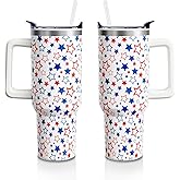 Aokoyi 4th of July 40oz Tumbler Cup with Handle and Straw, Red and Blue Stars Gifts for Women Men, Patriotic Stainless Steel Insulated Water Bottle 1PC