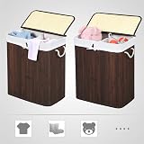 SONGMICS Bamboo Laundry Basket with Lid 2 Compartments 100L White LCB64WT view 5