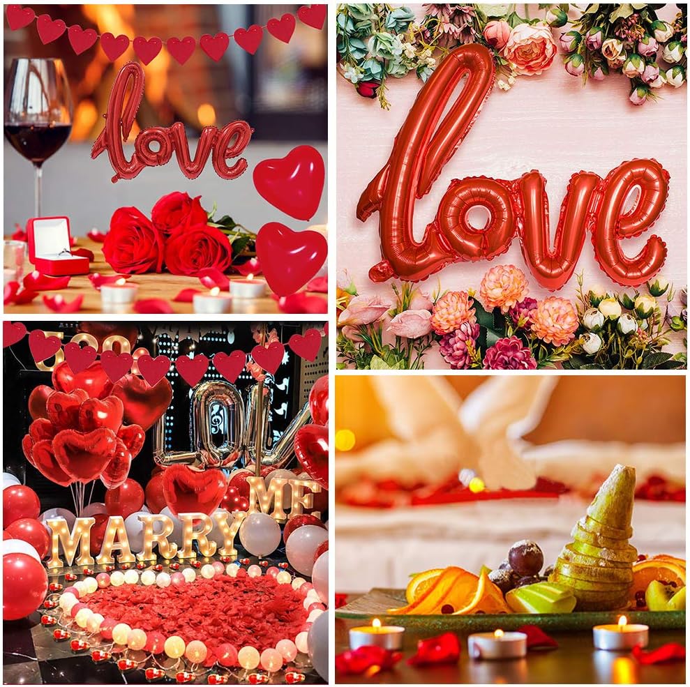 Romantic Decorations Set, 1000 Rose Petals, Heart Candles, XXXL LOVE Balloons, Red Balloons - Image 3