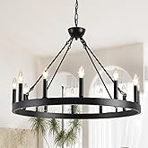 VBKK Wagon Wheel Chandelier 32" 12-Light, Round Black Chandeliers Farmhouse Modern Wagon Wheel Light Fixtures, for High Ceili