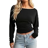 Navneet Women Boat Neck Ruched Cinched Waist Long Sleeve Tee Top Dressy Going Out Fitted Top