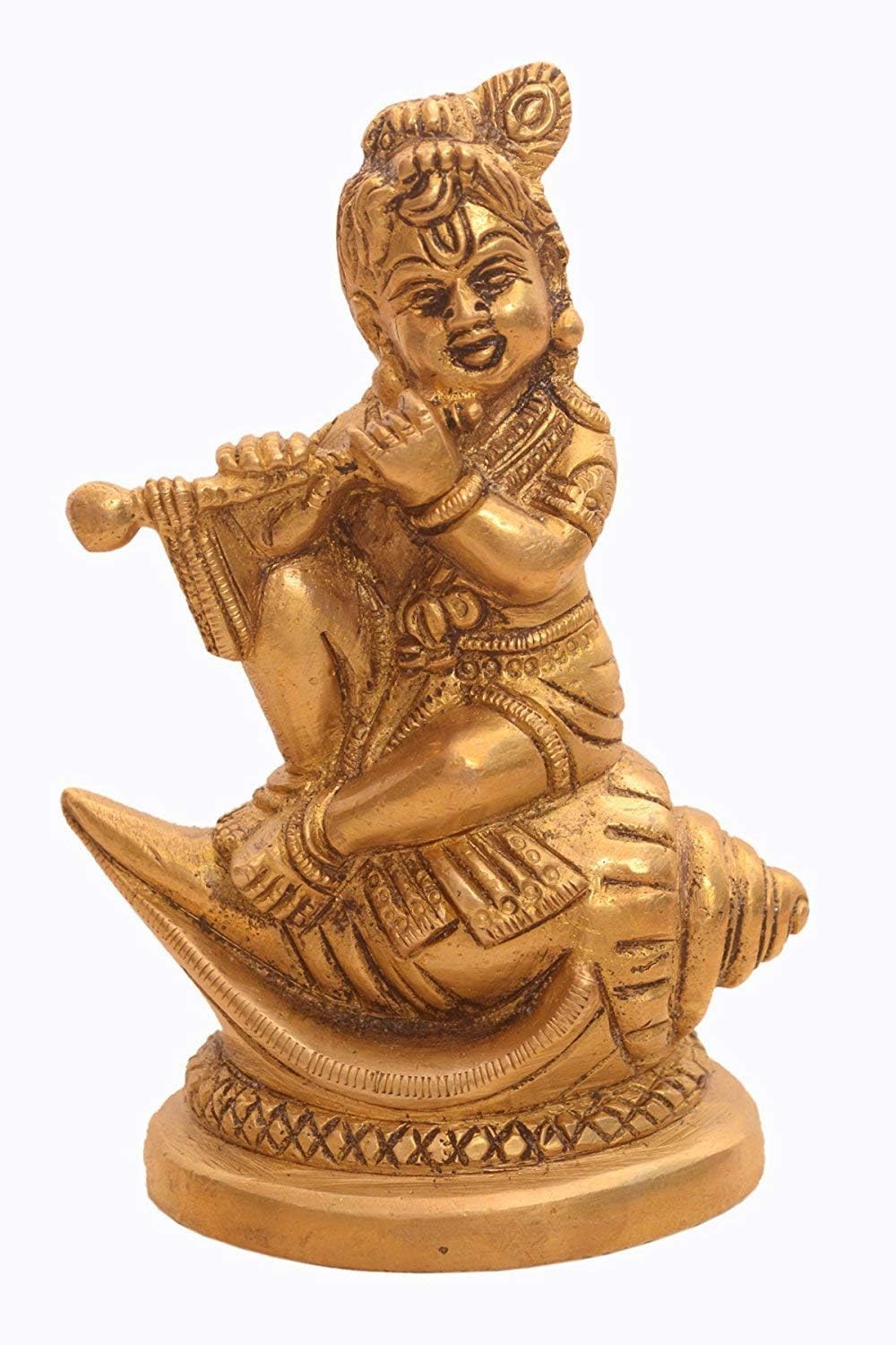 Brass Krishna Statue: Bala Gopal Avatar Seated On Holy Conch Panchajanya Shankh