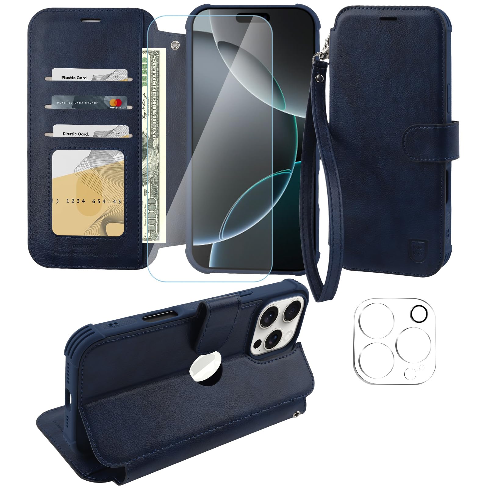 VANAVAGY Compatible for iPhone 16 Pro Wallet Case, 12ft Drop Protection, RFID Blocking PU Leather Flip Cover, Card Holder & Kickstand, Shockproof Phone Case for 16 Pro-6.3 Inch,Navy Blue
