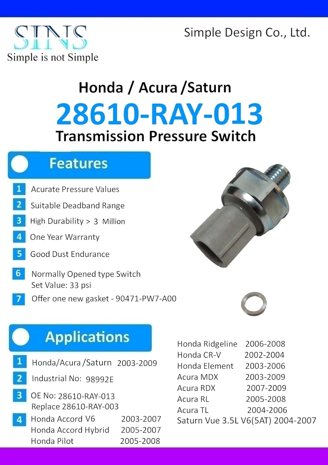 Amazon.com: Honda Accord CR-V Element Pilot Ridgeline Acura TL MDX RDX RL  Saturn Vue 3.5L V6 Transmission Pressure Switch 28610-RAY-003  28610-RAY-013: ...
