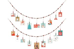 Amyhill 2 Pcs Christmas Hanging Photo Display with Wood Clips, Wooden Beads Garland Christmas Holiday Card Picture Frame 4 Feet DIY Green Red Photo Holders for Xmas Holiday Country Decor